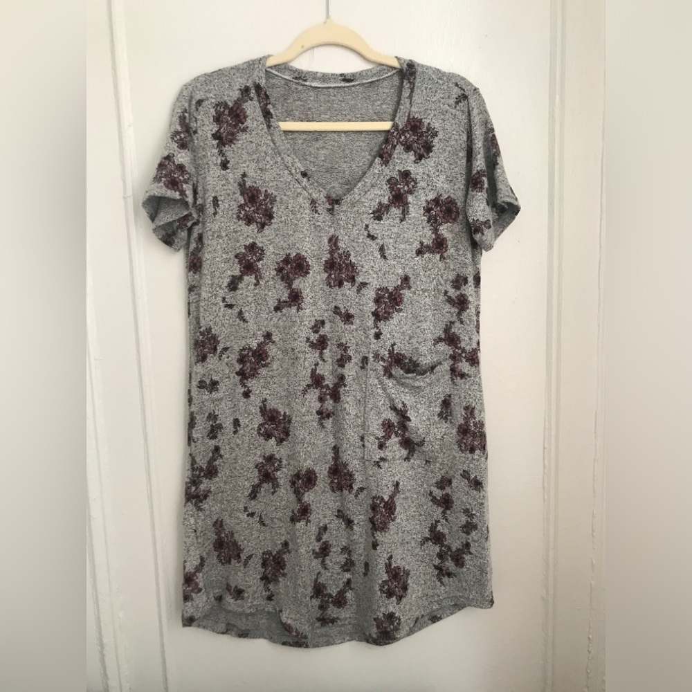 New Floral Print Heather Gray T-Shirt Dress with Pocket Medium